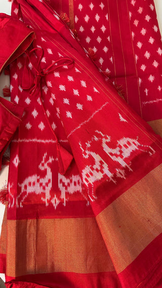 Red handcrafted ikat silk saree ready to wear