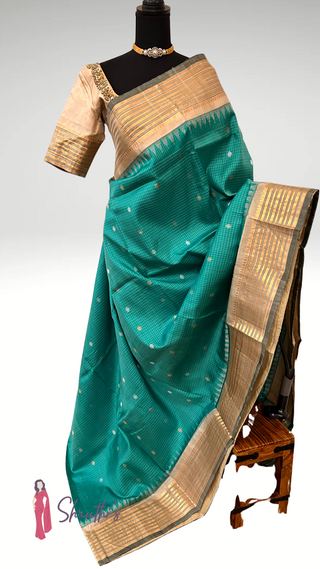 Luxury Gadwal silk saree green beige with gold zari and hand embroidery Indian saree USA