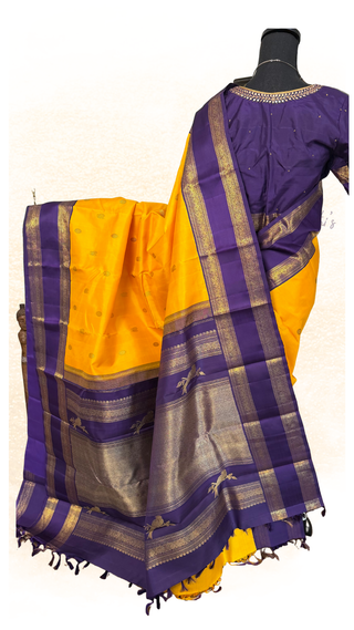 Luxury handloom Kanjivaram pattu silk saree yellow gold zari fine weave with embroidered blouse