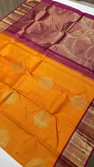 Pure zari yellow Kanjivaram silk saree with embroidered stitched blouse 36-42 inches for reception USA.