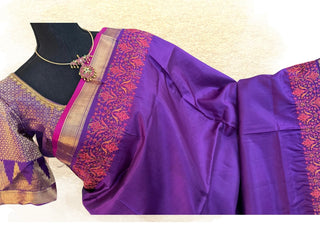 Pure silk embroidered saree in deep purple with zari floral motifs and stitched blouse, available for worldwide shipping