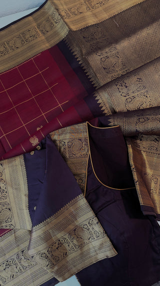 Luxury handloom Kanjivaram saree in maroon with gold zari detailing