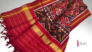 Red Patan Patola pure mulberry silk dupatta with elephant motifs and tassel finish.