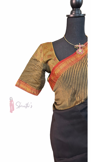 Olive green embroidered prestitched blouse paired with Maheshwari silk cotton saree, adjustable from size 36 up to 42.