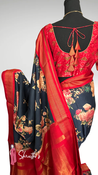 Handwoven twill weave silk saree in black with blouse, ready to ship.