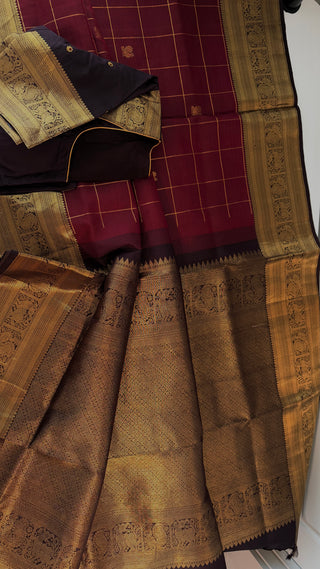 Premium pure silk maroon saree with gold zari and stitched blouse