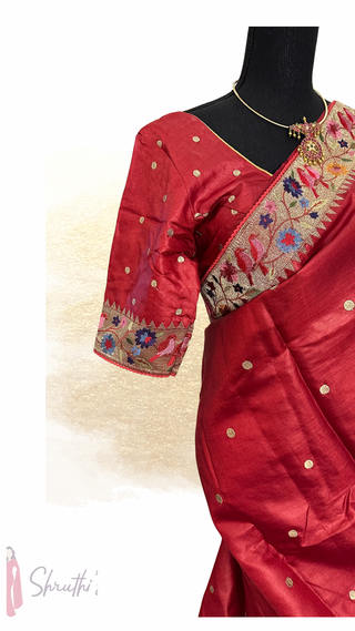 Maroon Tussar pure silk saree with silver thread Paithani border and prestitched blouse, perfect for festive occasions