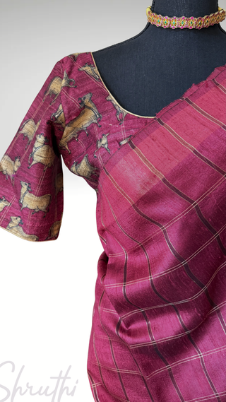 Maroon pichawai print tussar silk saree with stitched blouse online usa