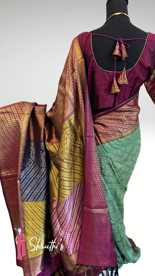 Mehendi green and wine-maroon pure Bandhani silk saree with Kanjivaram borders.