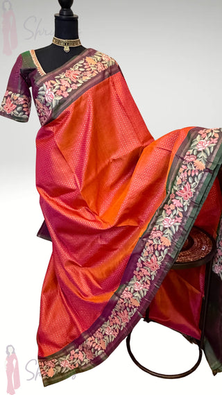 Handloom pure kanjivaram embroidered saree  zari Brocade weave silk embroidered borders easy drape finest weave