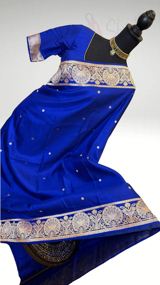 Royal Blue Handloom Banaras raw mango silk Pure Silk Saree with Gold Zari Border – Ready to Wear Online USA