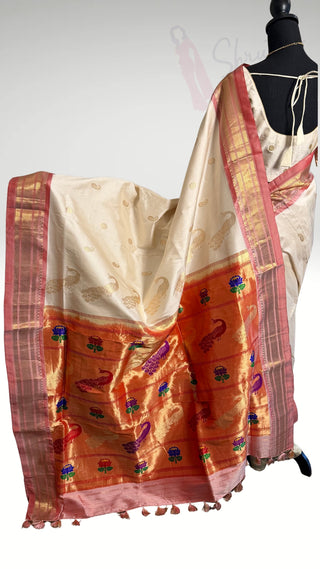 White  Paithani silk saree online usa paithani sarees usa comes with embroidered stitched blouse (Copy)