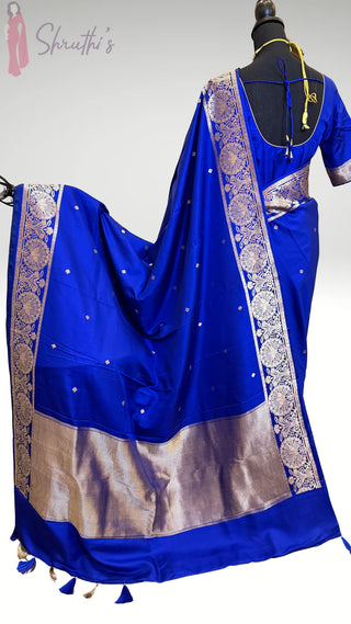 Royal Blue Handloom Banaras raw mango silk Pure Silk Saree with Gold Zari Border – Ready to Wear Online USA