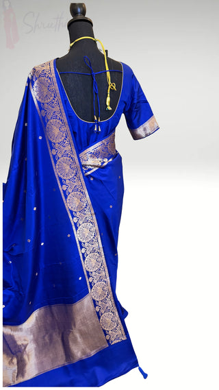 Royal Blue Handloom Banaras raw mango silk Pure Silk Saree with Gold Zari Border – Ready to Wear Online USA