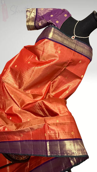 Bridal Vairaoosi Tissue Gold Tissue Cardamom Green to Majenta Kanjivaram silk saree with stitched Indian wedding muhurtam silk bridal blouse online shopping usa Diwali (Copy)