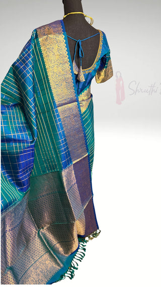 Pure Handloom Soft Silk Saree Peacock Blue Checks  silk saree with embroidered  Stitched Blouse Indian handloom wedding pattu Dark Rust to Grey Saree Online USA Ready to Ship Saree Online USA Easy Drape (Copy)