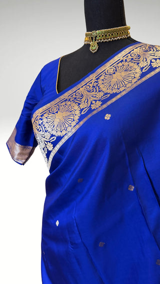 Royal Blue Handloom Banaras raw mango silk Pure Silk Saree with Gold Zari Border – Ready to Wear Online USA