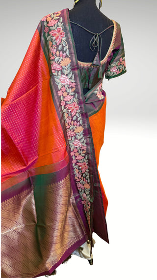 Handloom pure kanjivaram embroidered saree  zari Brocade weave silk embroidered borders easy drape finest weave