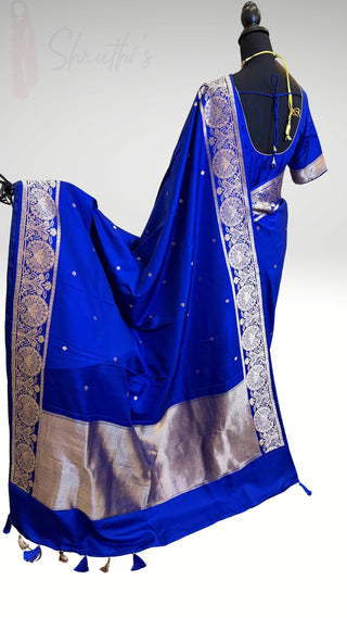 Royal Blue Handloom Banaras raw mango silk Pure Silk Saree with Gold Zari Border – Ready to Wear Online USA