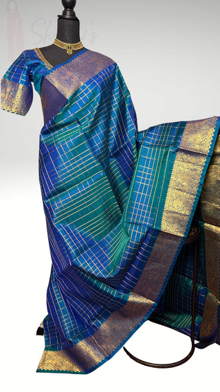 Pure Handloom Soft Silk Saree Peacock Blue Checks  silk saree with embroidered  Stitched Blouse Indian handloom wedding pattu Dark Rust to Grey Saree Online USA Ready to Ship Saree Online USA Easy Drape (Copy)