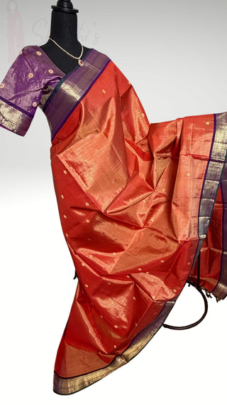 Bridal Vairaoosi Tissue Gold Tissue Cardamom Green to Majenta Kanjivaram silk saree with stitched Indian wedding muhurtam silk bridal blouse online shopping usa Diwali (Copy)