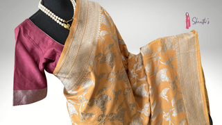 Pure mustard Banaras georgette silk saree with fine silver zari weaving, soft and easy drape, handwoven partywear with stitched blouse – online USA.