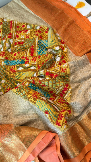 Bridal mustard crepe soft silk saree with smooth drape and embroidered blouse