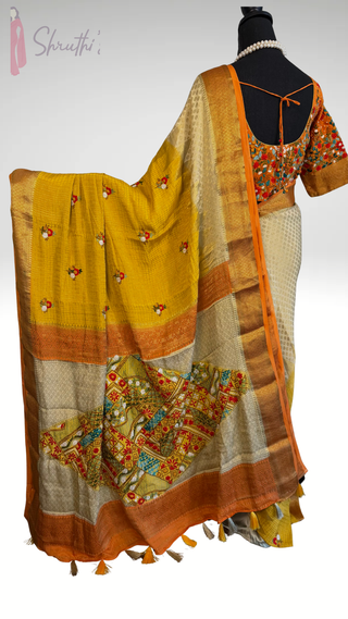 Mustard soft silk saree crafted in pure crepe Mysore silk with traditional print designs