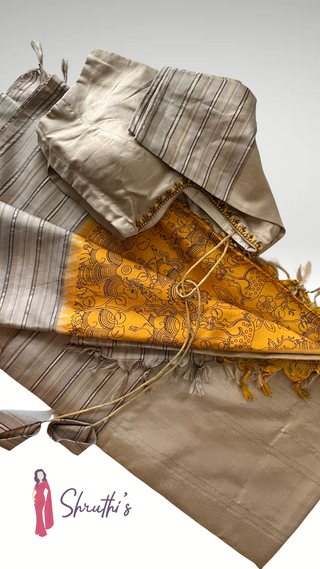 Pure silk saree with handloom weave and Kalamkari painting, exclusive wedding collection.