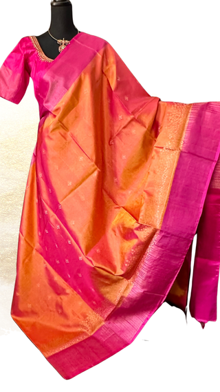 Double ply soft silk saree in orange pink for bridal wear