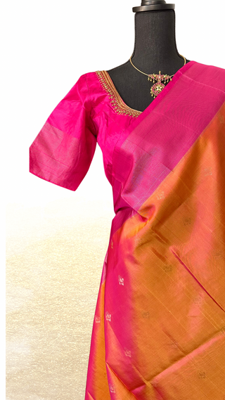 Orange pink pure handloom soft silk saree with stitched blouse