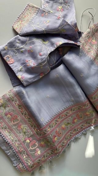 lavender organza handloom saree silver zari border stitched blouse muhurtam wear