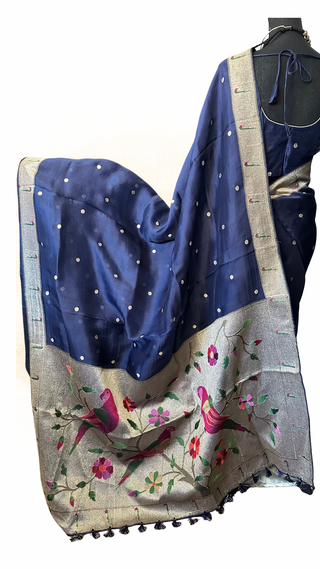 Blue organza saree with designer finish and prestitched blouse