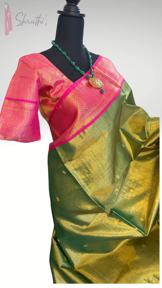 Parrot green gold tissue Kanjivaram silk saree with vairaoosi weaving