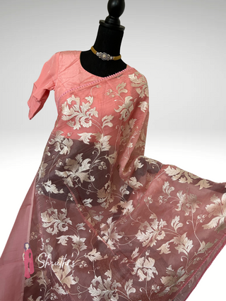 Party wear pastel pink organza saree with matching blouse ready to wear USA.