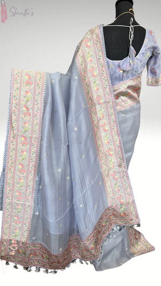 pastel lavender handloom organza saree silver zari border stitched blouse reception wear