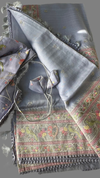 pastel lavender organza saree silver paithani border stitched blouse pellicheera style