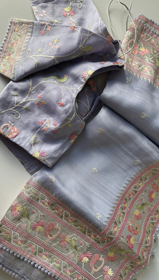 pastel lavender organza saree silver paithani border stitched blouse bridal mehendi