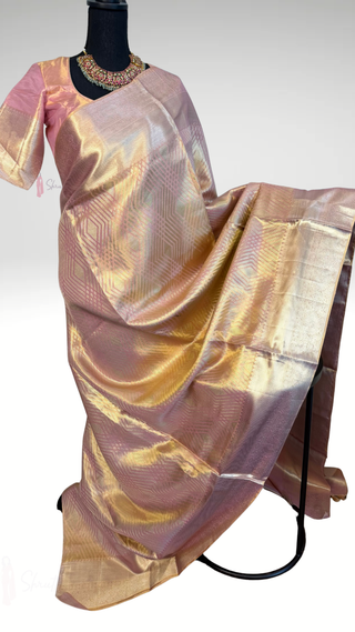pastel pink gold tissue kanchi pattu saree brocade weave stitched blouse festive bridal wear