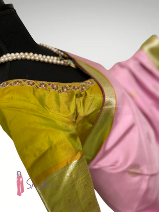 Indian pastel pink Kanjivaram silk saree with green border and embroidered blouse USA.