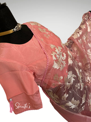 Pastel pink embroidered organza saree with blouse ready to wear USA online