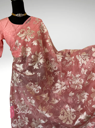 Pastel pink embroidered organza saree for weddings and party wear USA.