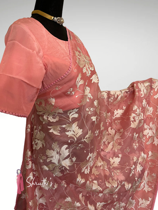 Pastel pink organza silk saree silver floral embroidery festive saree USA.