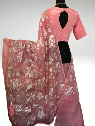 Pastel pink organza silk saree with silver embroidery ready to wear online USA