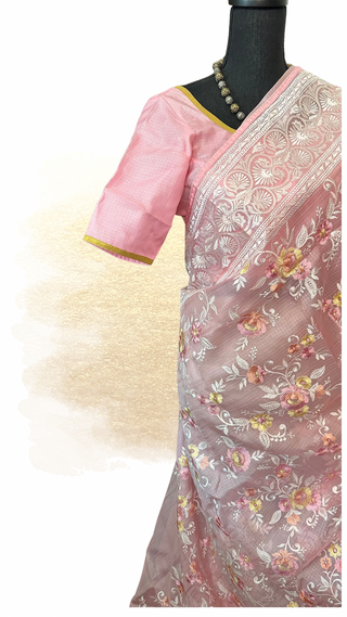 Pastel pink pure embroidered Kota saree with fully stitched lined blouse, handloom crafted.