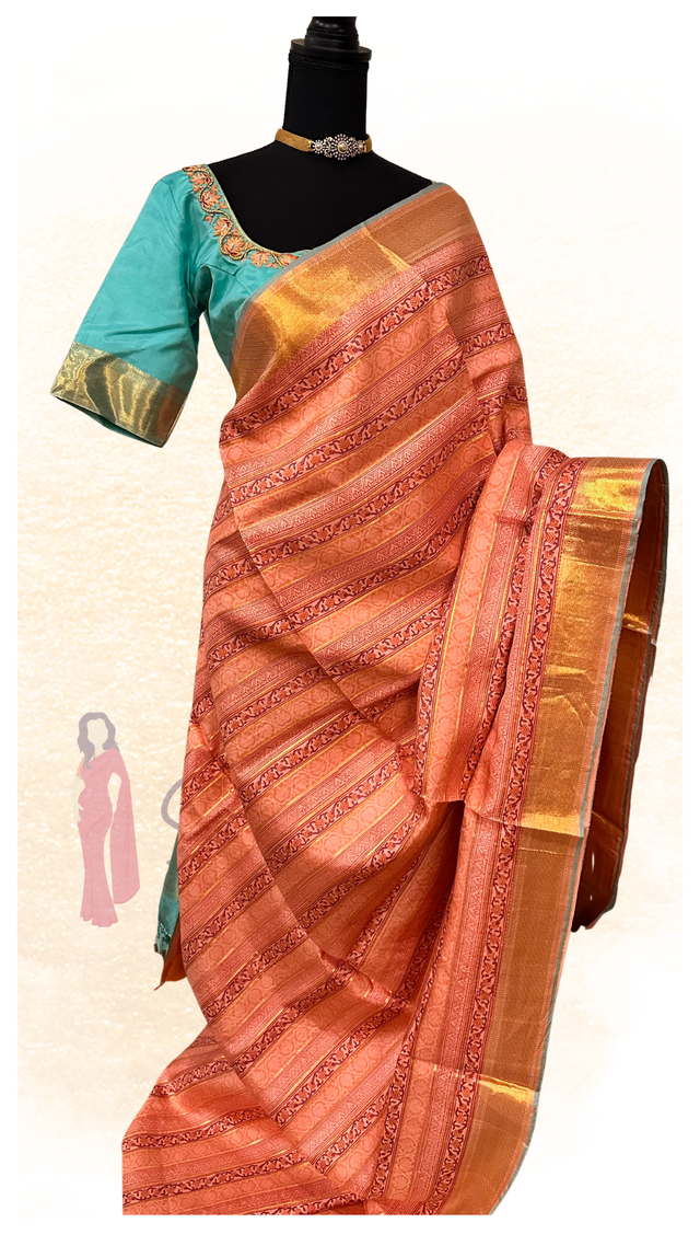 South Indian Kanjivaram pattu silk saree with floral block print and zari border