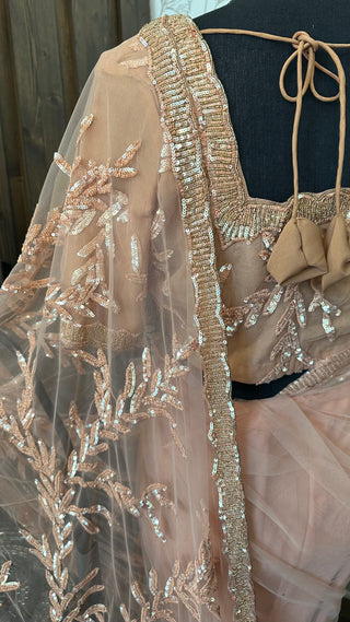 Peach silk party saree with floral sequin work and inskirt