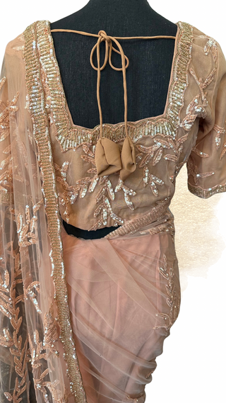 Peach pastel party saree with matching pre-stitched blouse