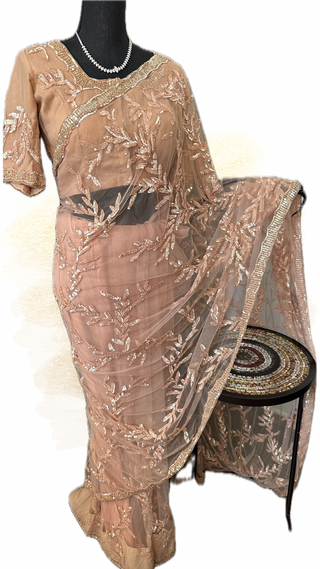 Peach sequin floral partywear saree with stitched blouse