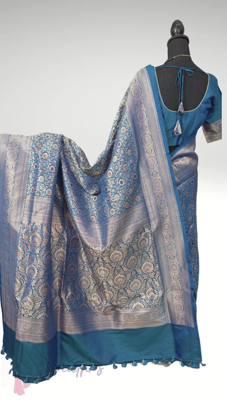 Peacock blue Banarasi silk saree available for USA online shopping